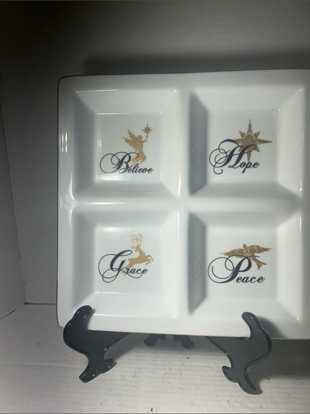 White Ceramic Divided Serving Dish with Gold Script Accents